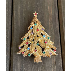 Vintage Christmas Tree Brooch 1970s - Multicolor Rhinestones - Gold Tone